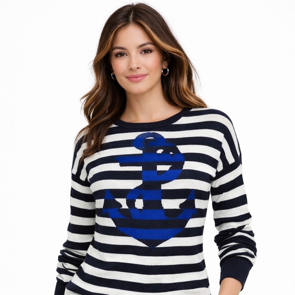 The Limited Sweaters - The Limited Blue and White Striped Sweater with Blue Anchor